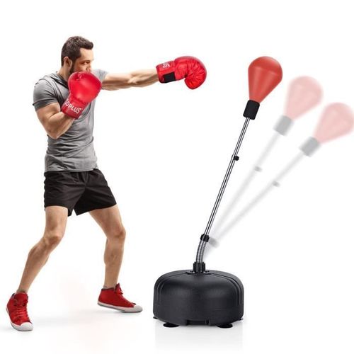 Costway Sac De Frappe Boxe Enfants-Hauteur Réglable 140-158 Cm-Gants-Base Lesté De Sable,Eau-6 Ventouses-Punching Ball-Rouge