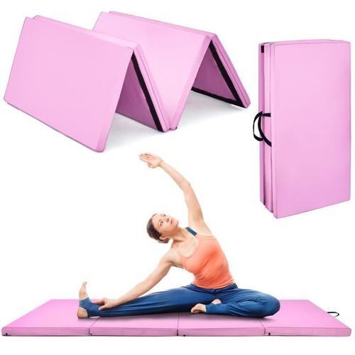 Costway Tapis De Gymnastique Pliable 240 X 116 X 5cm-4 Plis En Mousse De Pu-2 Poignées-4 Velcro Housse Amovible-Fitness,Yoga-Rose