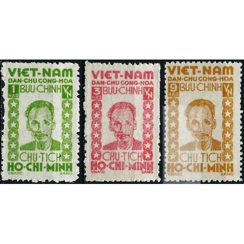 Indochine (Actuel Vietnam), Période Hô Chi Minh, 1946 / 48, 3 Belles Valeurs Neuves Général Hô Chi Minh, Timbres Émis Par Les Autorités Insurrectionnelles, Format Et Matériel Indochinois.