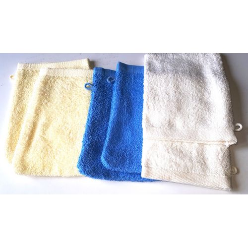 Lot De 6 Gants De Toilette 100%Coton Éponge Fin Avec Petite Accroche Latérale - 2 Blancs/Écrus Et 2 Jaunes Clairs Blanc Du Jour D'afibel Et 2 Bleus Carré D'azur De Movitex