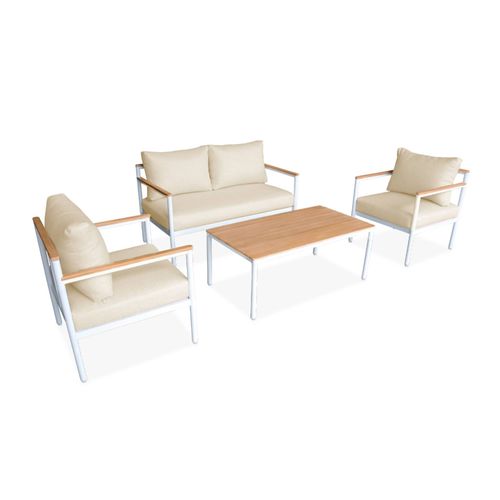 Salon De Jardin 4 Places Arnedo Structure Blanche Coussins Beiges Aluminium Et Bois D'acacia