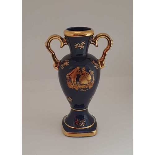 VINTAGE années 70/80 -  VASE SOLIFLORE forme AMPHORE en porcelaine de LIMOGES BARDET - décor Courtisane bleu cobalt et or