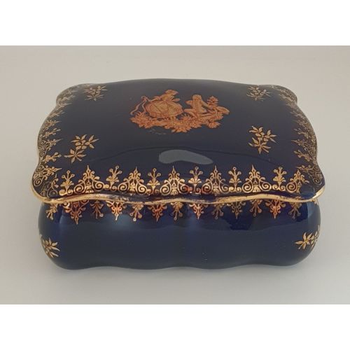 VINTAGE années 70/80 - BONBONNIERE/VIDE POCHE/COFFRET à BIJOUX en porcelaine d'ART LIMOGES - décor Courtisane bleu cobalt et or
