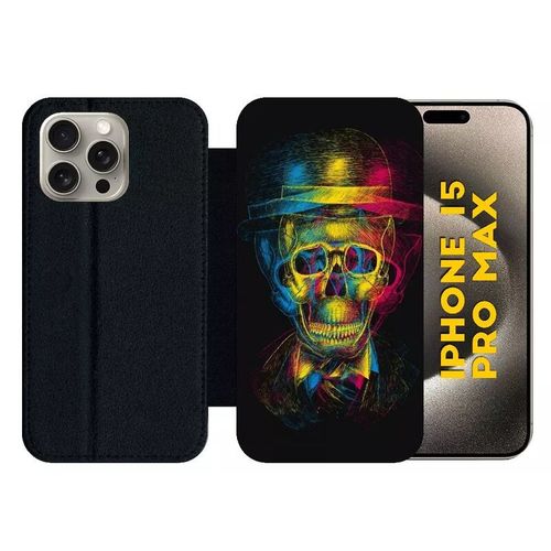 Etui À Rabat Pour Iphone 15 Pro Max - Tete De Mort En Lumiere - Silicone - Noir