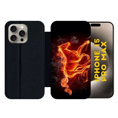 Etui À Rabat Pour Iphone 15 Pro Max - Cheval En Feu - Silicone - Noir