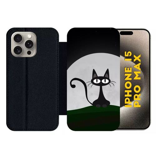 Etui À Rabat Pour Iphone 15 Pro Max - Chat Noir - Silicone - Noir