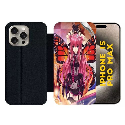 Etui À Rabat Pour Iphone 15 Pro Max - Fille Manga Rose - Silicone - Noir