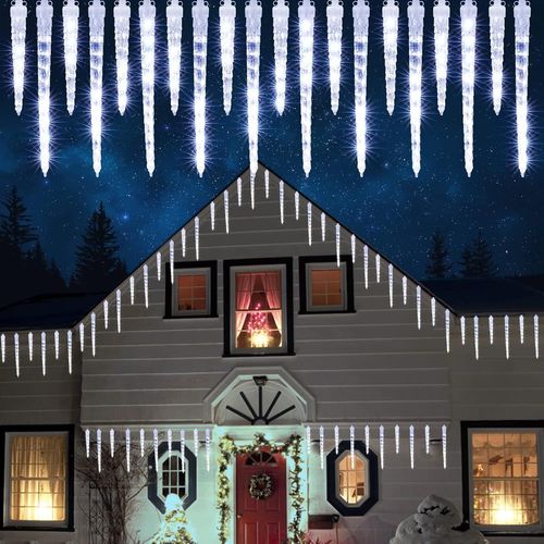 Guirlande Lumineuse en Cône de Glace Extérieur, 320 LED 20 Glaçons Guirlande Lumineuse Noel, 4M Blanc Effets Lumineux Pluie de Météores Lumineuse de Pluie de Glace pour Intérieur Fête Deco