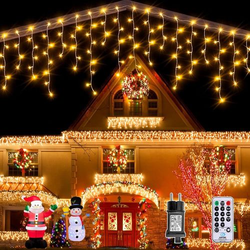 Guirlande Lumineuse Rideau, 7.5M 300LED Guirlande Lumineuse Noel Exterieure et Intérieur Étanche IP44, 8 Modes Guirlande Iumineuse pour Décoration Noel, Balcon, Toit, Jardin, Blanc Chaud