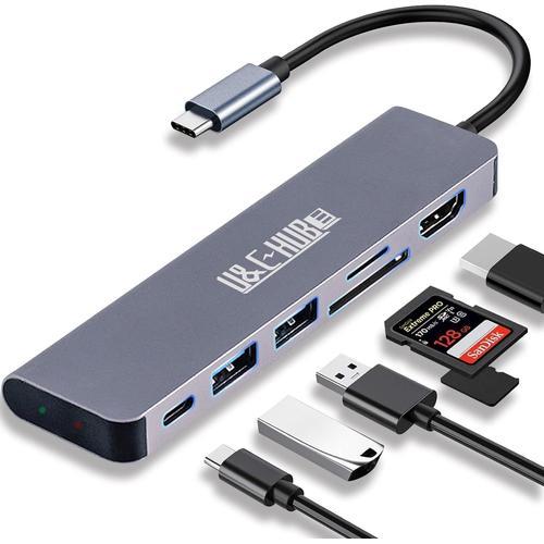 HUB USB C, Adaptateur USB C Multiport pour MacBook Pro & Air, Dongle HUB 6 en 1 avec 4K HDMI, USB 3.0, 100W PD, Lecteur de Carte SD/TF, Compatible pour Ordinateur Portable et Autres Appareils Type-C