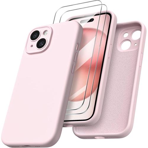 Coque Pour Iphone 15 - 2x Vitre Verre Trempe Protection Caméra Intégrale Silicone Rose