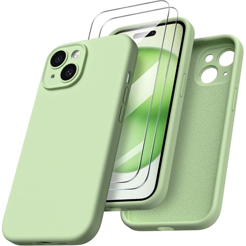 Coque Pour Iphone 15 - 2x Vitre Verre Trempe Protection Caméra Intégrale Silicone Vert