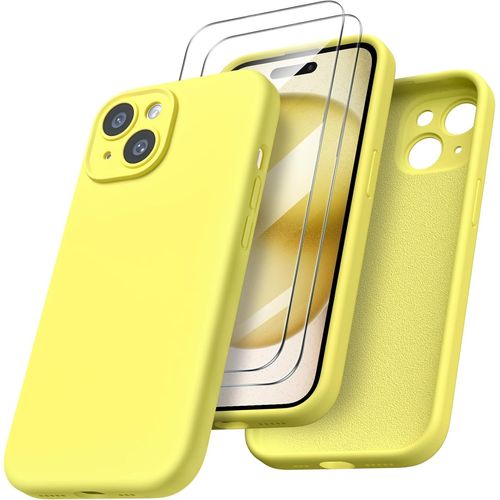 Coque Pour Iphone 15 - 2x Vitre Verre Trempe Protection Caméra Intégrale Silicone Jaune