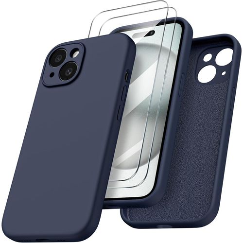 Coque Pour Iphone 15 - 2x Vitre Verre Trempe Protection Caméra Intégrale Silicone Bleu Nuit