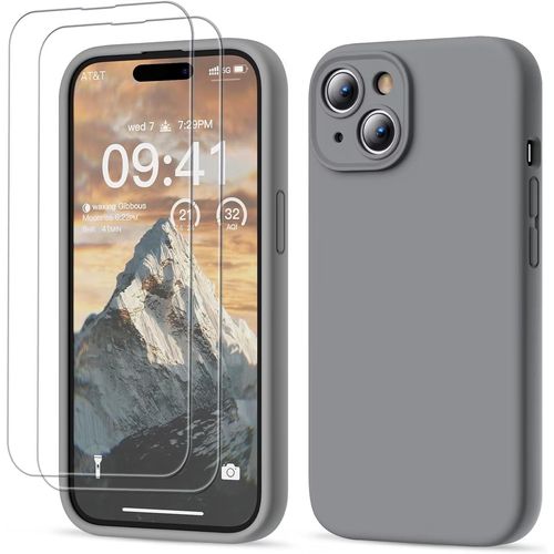 Coque Pour Iphone 15 Plus - 2x Vitre Verre Trempe Protection Caméra Intégrale Silicone Gris