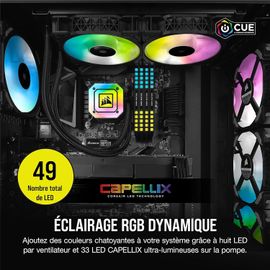 Corsair iCUE H100i ELITE CAPELLIX Watercooling pour processeur (33 LED CAPELLIX RGB Ultra Lumineuses, Deux Ventilateurs PWM ML RGB de 120 mm, 400 à 2 400 TR/min, iCUE Commander CORE inclus) Noir