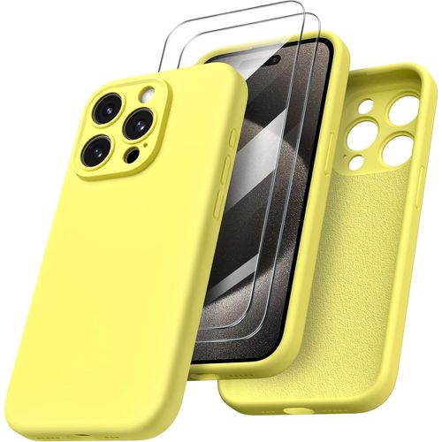 Coque Pour Iphone 15 Pro Max - 2x Vitre Verre Trempe Protection Caméra Intégrale Silicone Jaune