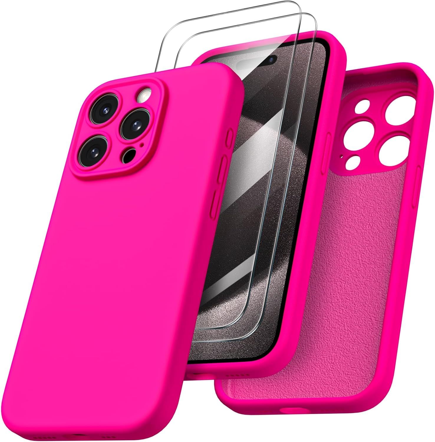 Coque Pour Iphone 15 Pro Max - 2x Vitre Verre Trempe Protection Caméra Intégrale Silicone Fushia