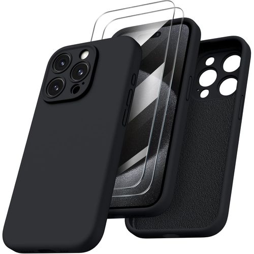 Coque Pour Iphone 15 Pro Max - 2x Vitre Verre Trempe Protection Caméra Intégrale Silicone Noir