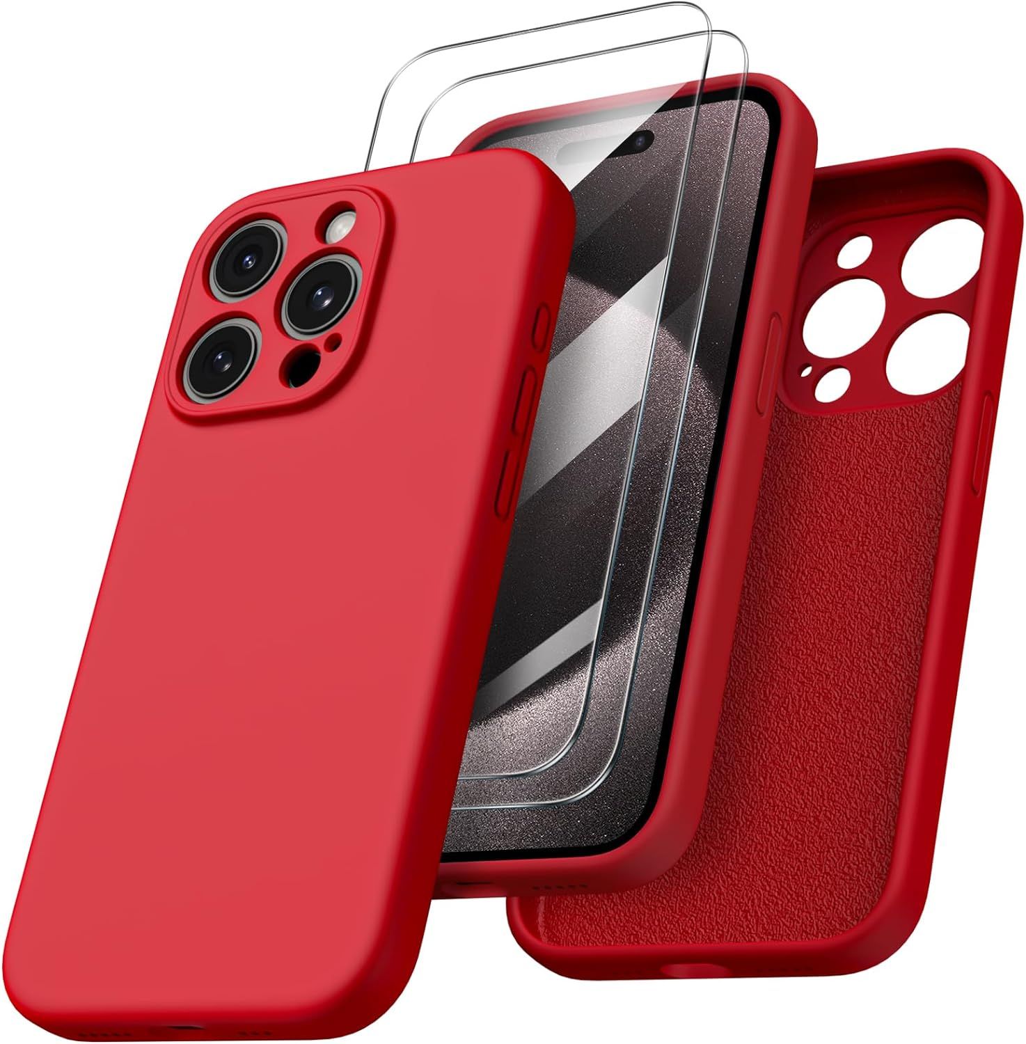 Coque Pour Iphone 15 Pro Max - 2x Vitre Verre Trempe Protection Caméra Intégrale Silicone Rouge