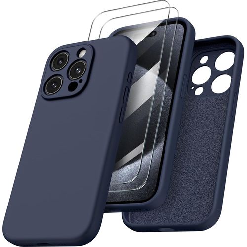 Coque Pour Iphone 15 Pro + 2x Vitre Verre Trempe Protection Caméra Intégrale Silicone Bleu Nuit