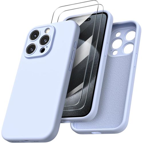 Coque Pour Iphone 15 Pro + 2x Vitre Verre Trempe Protection Caméra Intégrale Silicone Bleu Clair