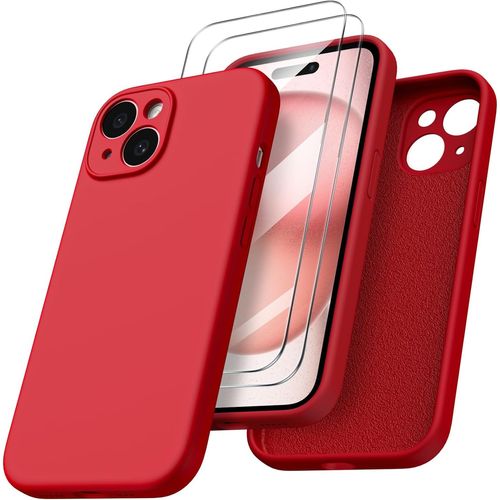 Coque Pour Iphone 15 Plus - 2x Vitre Verre Trempe Protection Caméra Intégrale Silicone Rouge