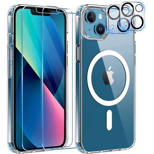 Coque Pour Iphone 13 - 2x Vitre Verre Trempe + 2x Protège Caméra Silicone Compatible Magsafe Hd