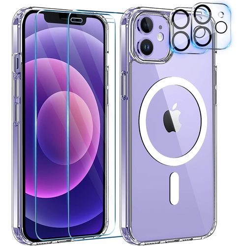 Coque Pour Iphone 12 - 2x Vitre Verre Trempe + 2x Protège Caméra Silicone Compatible Magsafe Clear