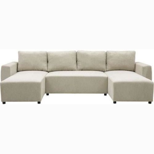 Canapé D'angle Convertible Panoramique Pharell 7 Places - Velours Côtelé Beige - Coffre De Rangement - L297 X P155 X H85