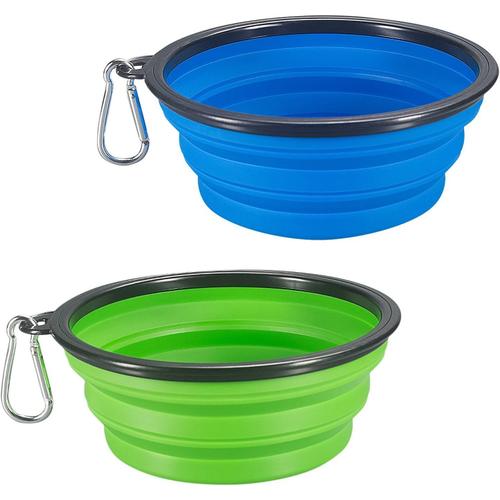 Lot De 2 Bols Pliables Pour Chien De Très Grande Taille, En Silicone De Qualité Alimentaire Sans Bpa, Pliable Et Extensible Pour Nourriture Pour Chat, Alimentation En Eau, Bol De Voyage Portable, Mousqueton Bleu Et Vert.