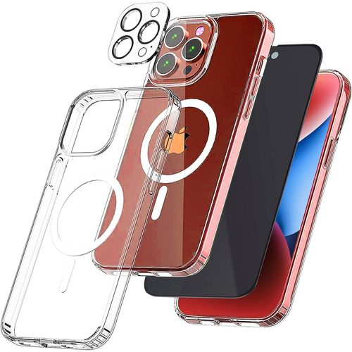 Coque Pour Iphone 15 Pro - 2 Films Verre Trempé Anti Espion Coque Silicone Gel Magsafe - Transparent