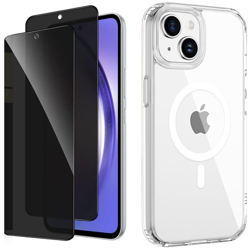 Coque Pour Iphone 15 - 2 Films Verre Trempé Anti Espion Coque Silicone Gel Magsafe - Transparent
