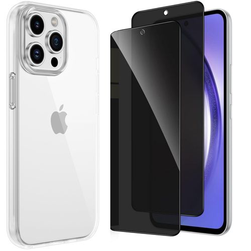 Coque Pour Iphone 15 Pro - 2 Verre Trempé Anti Espion Coque Silicone Gel Antichocs - Transparent