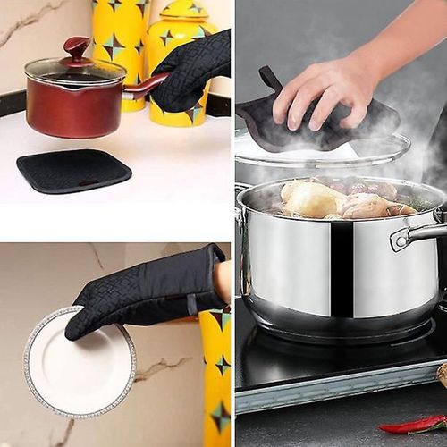 Ensemble De Gants De Four Et Porte-Casseroles 4 Pi¿¿Ces, Gants De Four, Mitaines De Cuisine, Gants De Cuisine En Silicone-Noir