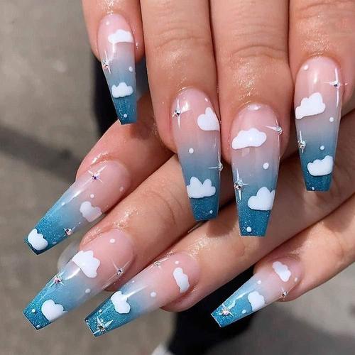 Cercueil Presse Sur Les Ongles Nuages Faux Ongles Longs Faux Ongles Bleu Luxe Strass Mignon Couverture Compl¿¿Te Ongles Acrylique Ongles Conseils Pour Femmes Et Filles-24pcs ( Multicolore