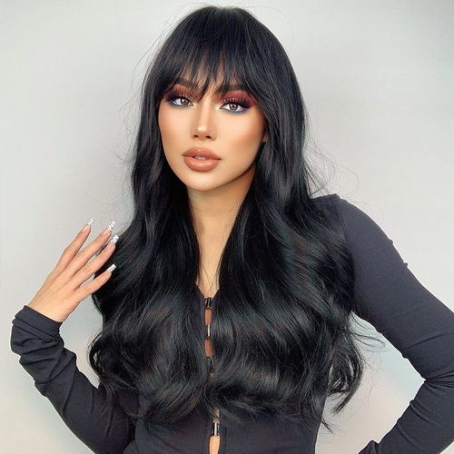 Perruque Synthétique Femme Avec Frange Noire, Cheveux Longs Bouclés