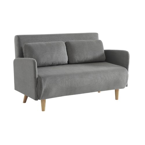 Canapé Convertible 2 Places Scandinave Velours Côtelé Gris Clair Panam Pieds Bois. Banquette. Dossier Inclinable