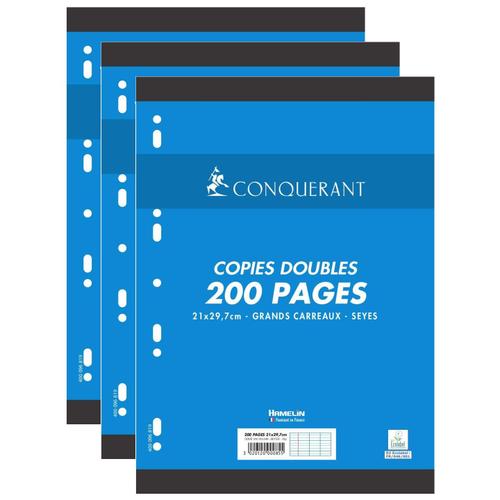 Conquérant Lot De 3 Copies Doubles A4 Seyes Grands Carreaux 70g 200 Pages (50 Copies)