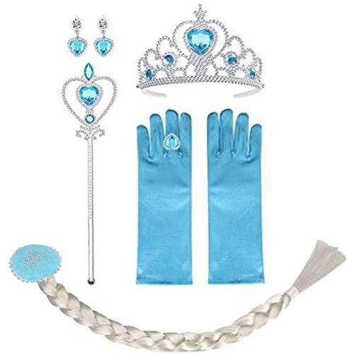 6pcs Upgrade Princesse Accessoires Pour Costume D'elsa - Perruque/Bague/Boucles D'oreilles/Collier/Gants/Diad¿¿Me/Baguette Magique Pour Cosplay Party D'anniversaire,3-10 Ans