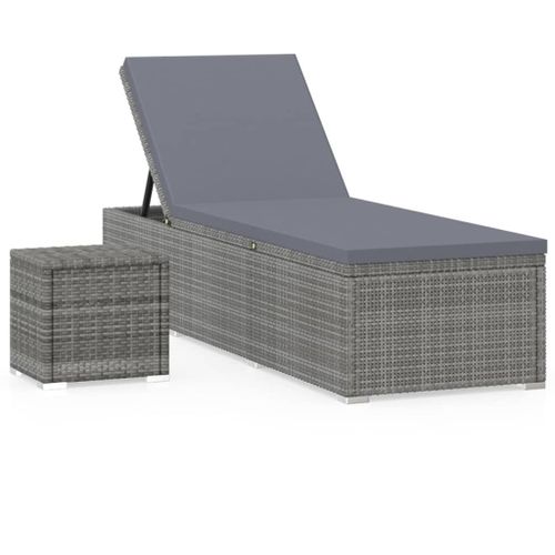 Transat Chaise Longue Bain De Soleil Lit De Jardin Terrasse Meuble D'extérieur Avec Coussin Et Table À Thé Résine Tressée Gris Helloshop26 02_0021024