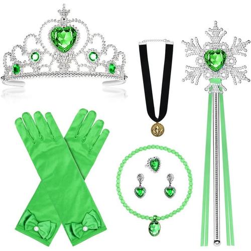 9pcs Upgrade Princesse Accessoires Pour Costume D'elsa - Perruque/Bague/Boucles D'oreilles/Collier/Gants/Diad¿¿Me/Baguette Magique Pour Cosplay Party D'anniversaire,3-10 Ans (Vert)