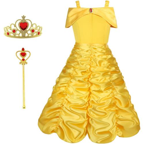 Costume Belle Pour En Enfant,3pcs Deguisement Belle Deguisement De Belle Et La B¿¿Te/Cape ¿¿ Capuche Costume Pour Cosplay Mariage Carnaval F¿¿Te D'anniversaire,Jaune,110cm