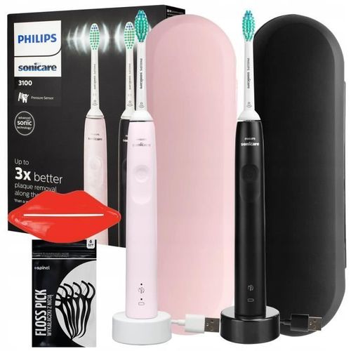 La Brosse À Dents Philips Hx3675/15 En Pack Double Avec Un Étui Rose Poudré Et Noir. 