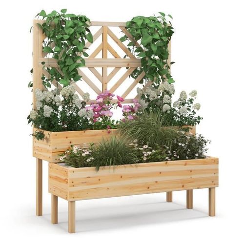 Jardinière Avec Treillis En Bois De Sapin - Costway - 2 Niveaux - Pour Plante Grimpante