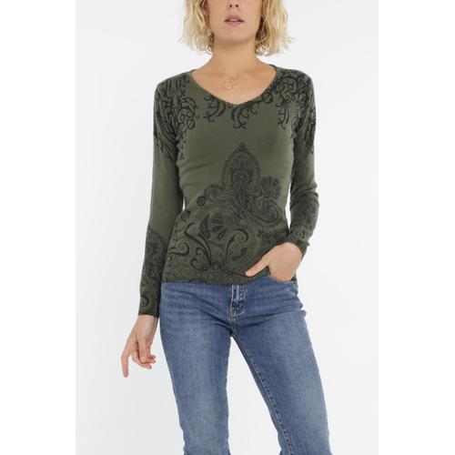 Pull Col V Kaki Femme Cmp55 Paris Taille L