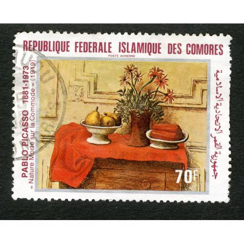 Timbre Oblitéré République Fédérale Islamique Des Comores, Poste Aérienne, Pablo Picasso 1881-1973, Nature Morte Sur La Commode, 1919, 70 F