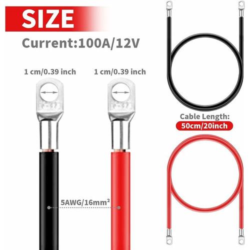 2 pi¿¿ces 12V Cable Batterie Onduleur 5AWG 16mm2 Cuivre Cables de Batterie Cable ornes ¿¿ Anneau Rouge et Noir Cuivre Etam¿¿ pour Motos, Voitures,Camping Cars et Bateaux (50cm(16mm2)) Betterlife