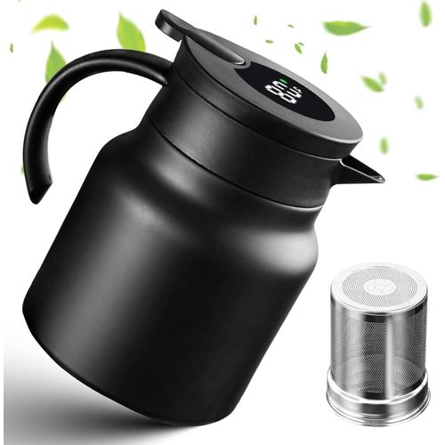 CMWS-Thermos 1 l en acier inoxydable à double paroi - Bouteille isotherme de 1 l avec passoire à thé - Cafetière isotherme avec affichage de la température - Pas de gouttes