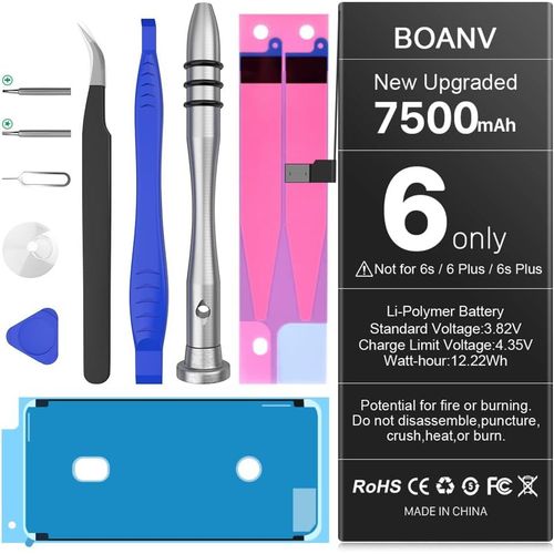 7500mah Batterie Pour Iphone 6 Ultra Haute Capacit A1549/A1586/A1589 Remplacement De La Batterie Avec Kits Complets D'outils De Rparation, Adhsif Et Instructions
